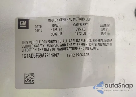 2010 Chevrolet Cobalt Lt from USA, damaged, VIN 1G1AD5F59A7214947